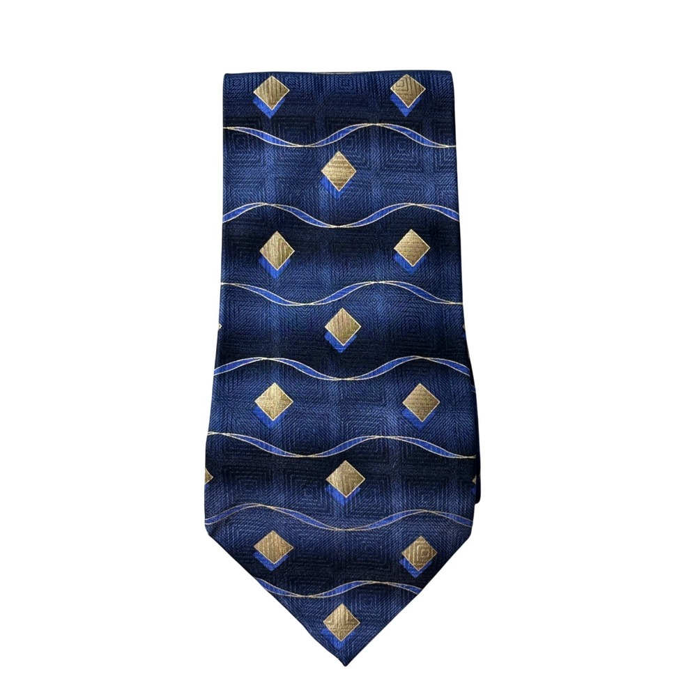 Signorcelli Tie Mens OS Blue Gold Diamond Wave Geometric Italian Silk Formal